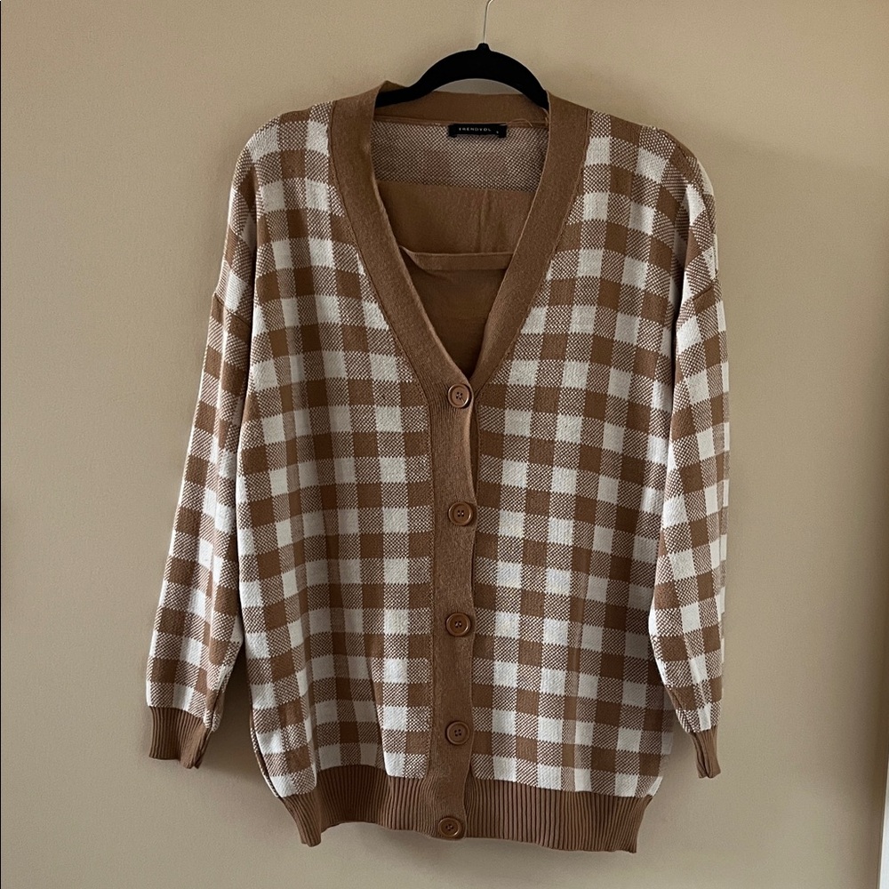 3 PIECE SET Checkered Cardigan, Cropped top and pants